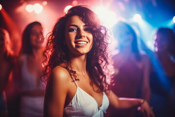 Beautiful young caucasian woman dancing and having fun at the night club, fun night out with friends