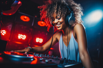 Obraz na płótnie Canvas Portrait of a beautiful young african american woman DJ rolling music and having fun at the night club