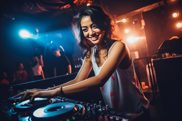 Obraz na płótnie Canvas Portrait of a beautiful young asian woman DJ rolling music and having fun at the night club