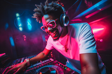 Portrait of a happy young african american man DJ rolling music and having fun at the night club