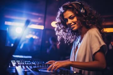 Fototapeta na wymiar Portrait of a beautiful young caucasian woman DJ rolling music and having fun at the night club