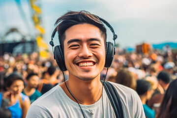 Fototapeta premium Portrait of a happy energetic asian man enjoying a music festival and having fun