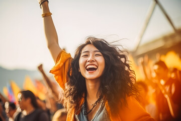 Portrait of a beautiful energetic asian woman enjoying a music festival and having fun