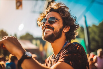 Portrait of a happy energetic man enjoying a music festival and having fun on the beach in summer.