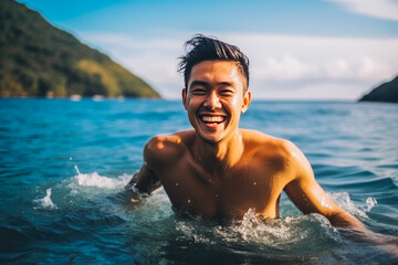 Portrait of handsome young asian man smiling and having fun while swimming in the ocean