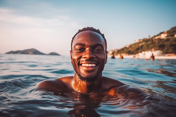 Portrait of handsome young african american man smiling and having fun while swimming in the ocean