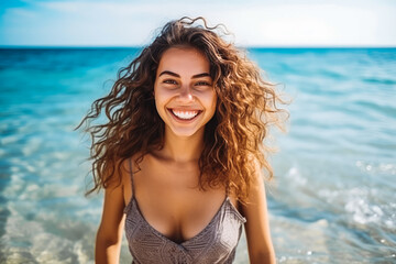 Portrait of beautiful young caucasian woman smiling and having fun while swimming in ocean
