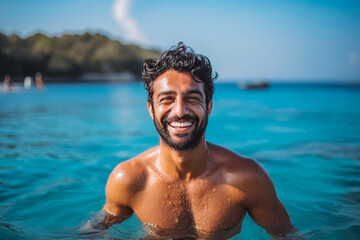 Portrait of handsome young man smiling and having fun while swimming in the ocean