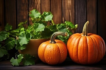 Ripe orange pumpkin on a beautiful wooden table, halloween preparation, harvest, copyspace