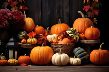 Naklejka na ściany i meble Ripe orange pumpkin on a beautiful wooden table, halloween preparation, harvest, copyspace