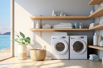washing room with washer, dryer, shelves and floor Generative AI