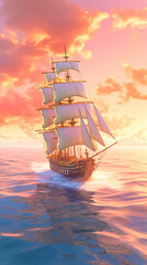Tall Ship with Pink Sails on Blue Ocean,Comic illustration of a large ship in the ocean