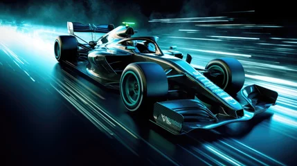 Abwaschbare Fototapete F1 Formula 1 car at high speed in motion and acceleration with neon light extreme speed grand champion