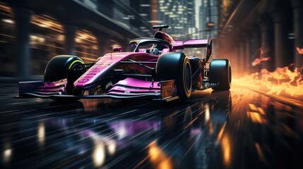 Formula 1 car at high speed in motion and acceleration with neon light extreme speed grand champion
