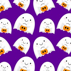 Repeating pattern of cute halloween ghosts on purple background