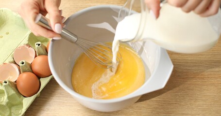 Add milk and beat with eggs and flour. Cooking butter for baking. Making faffels or pancakes. Food...