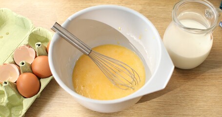 milk and beat with eggs and flour. Cooking butter for baking. Making faffels or pancakes. Food...