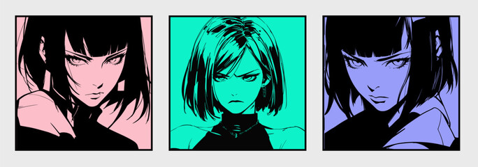 Naklejka premium Set of manga pop art comic frames with dark-haired anime woman.