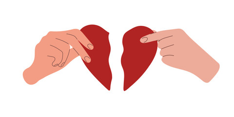 Hand of man and woman holding halves of red broken heart. Connection of parts of heart, forgiveness, reconciliation, love concept. Romantic illustration