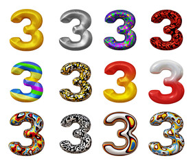 Set of number 3 in 3d rendering isolated on transparent background for math, business and education concept