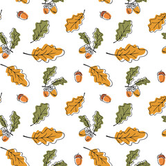 Autumn background with oak leaves and acorns. Seamless pattern for design. Colorful hand drawn fall illustration
