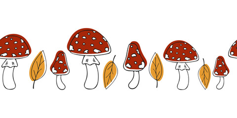 Endless border frame from hand drawn fly agarics. Autumn forest natural background. Doodle outline seasonal mushroom