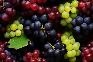 Naklejka na ściany i meble Close up of fresh red, green, black grapes , top view, seamless pattern. Generative Ai