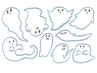 シンプルなおばけの手描き風かわいいイラストセット	