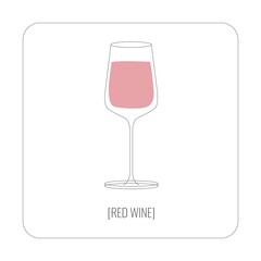 Red wine glass. Red wine glass infographic card. Line art wine glass. Glass with red wine. Red wine flat illustration. 