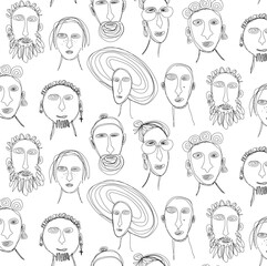 Seamless vector pattern of diverse doodle human faces outlines on white backdrop. Casually drawn society male and female heads line art. Conceptual stencil drawing of people's individuality and style.