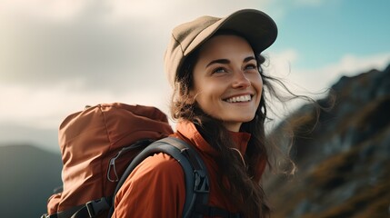 young woman climbs to the top of the mountain with a backpack and smiles happily at the achievements of hiking. generative AI