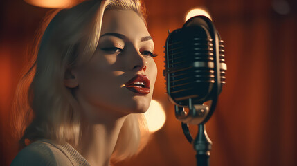 A young beautiful blonde woman with red lips sings into a retro microphone. Vintage pin up style. 