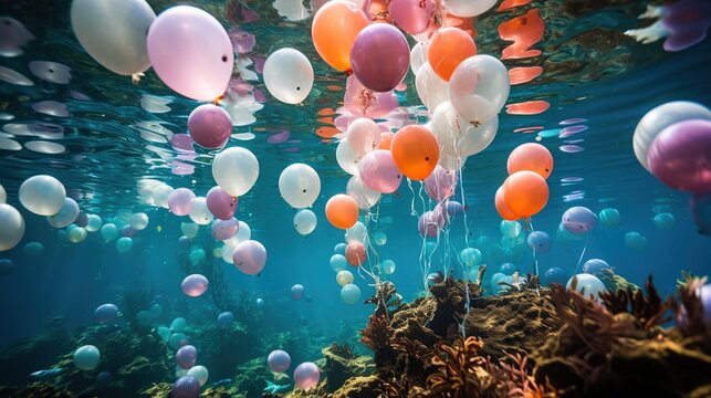 Balloons in the shapes of sea creatures underwater