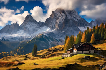 alpine village on the hill and snowy mountains in Background and the alpine meadow and pasture from the three stage alpine farming. There are old barns at the edge of forest and in the meadow. High