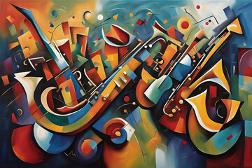 jazz themed cubist style abstract painting of musical instruments
