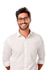 Fototapeta premium Cheerful man casual portrait wearing eyeglasses and white shirt posing on white transparent background