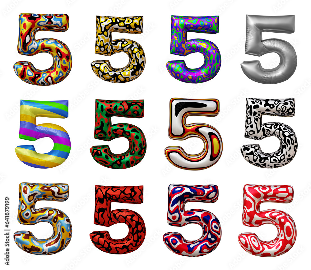 Poster set of number 5 in 3d rendering isolated on transparent background for math, business and education 