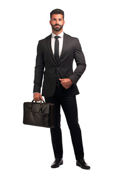 Full body shot of business manager attractive man wearing elegant suit and leather briefcase. Isolated transparent background