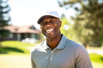 A close up portrait of a smiling African American golfer in midswing