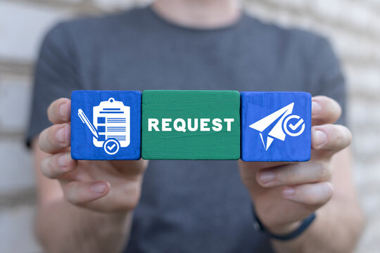 Man holding colorful blocks with icons and sees text: REQUEST. Concept of business, finance requests. Online submission, web request.