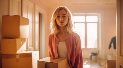 Young woman in a room full of cardboard boxes after moving. Creative concept of transportation company for moving to a new house. 