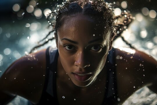 African American female swimmer with a focused gaze her long dark hair splayed across her back. Motionless in the water with ripples and bubbles visible behind her.
