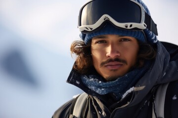 A Hispanic male snowboarder with a determined stare standing still in a closeup portrait against a defocused background of white and dark blue peaks.