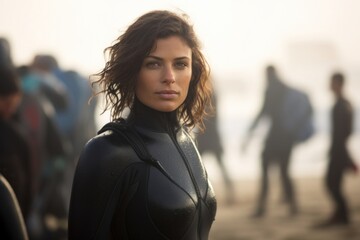 A female Middle Eastern surfer standing still in a wetsuit looking determined with a defocused beach and surfers in the background.