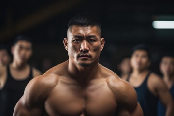 Fototapeta na wymiar An Asian male wrestler confidently staring the camera down his muscles and stance highlighted against a backdrop of blurred spectators.