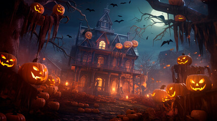 Halloween backgrounds in a fun cartoon style. Halloween wallpaper with pumpkins, spooky houses and ghosts. Generative AI