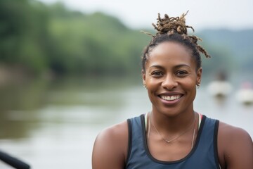 A female African American rower with short dreadlocks posing for a portrait with a blurry river in the background.