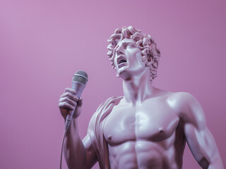 Antique sculpture of singing man holding microphone.