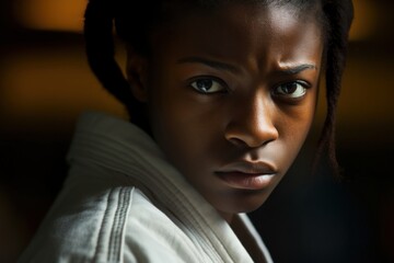 A black female judoka in a stationary stance her face is in closeup and her body is blurred out against a judo background.