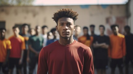 A fit African American male soccer athlete in a pose of intense concentration with a defocused crowd in the background.